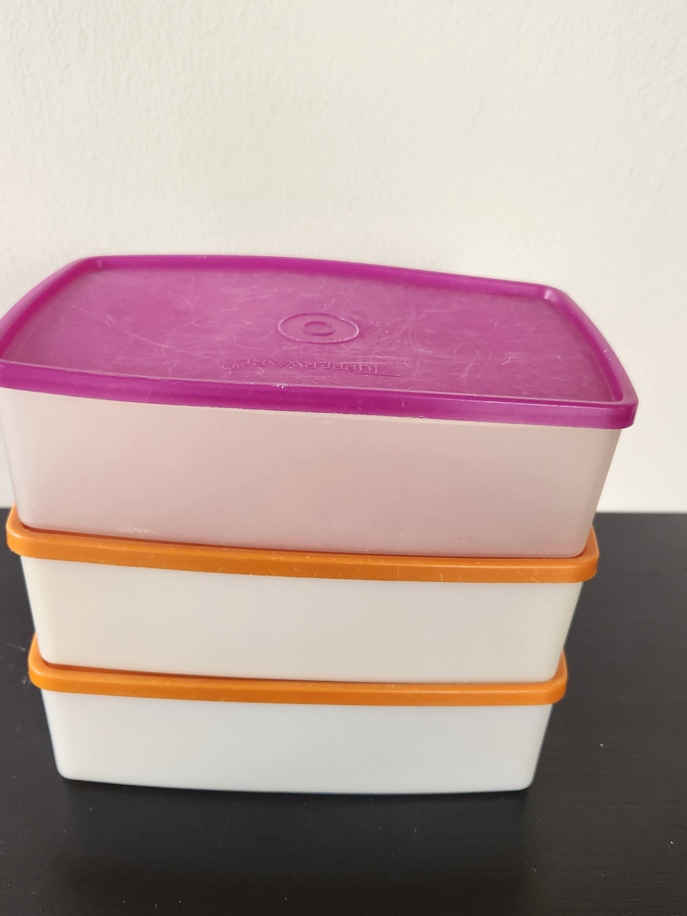 Vintage Tupperware White Containers with Purple Lid and Orange Seals